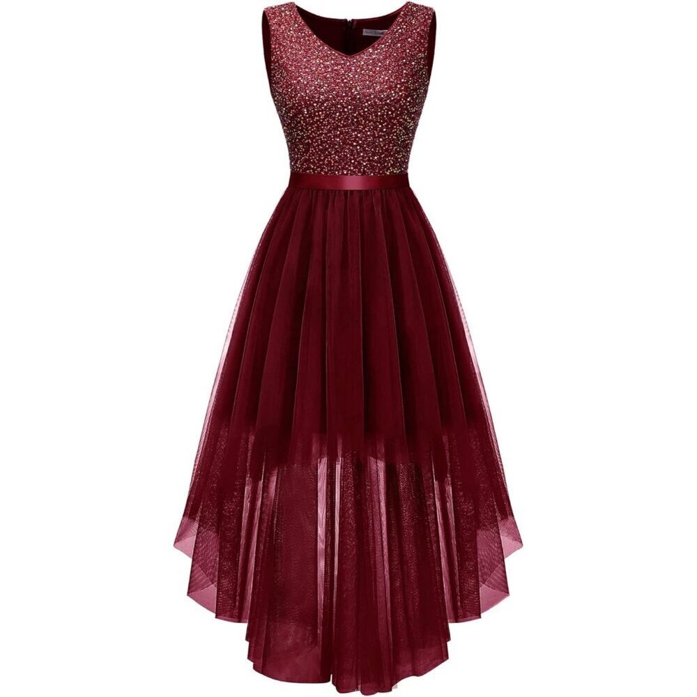 BeryLove Women Tulle Burgundy Chiffon Scoop Neck Sleeveless Cocktail Dresses